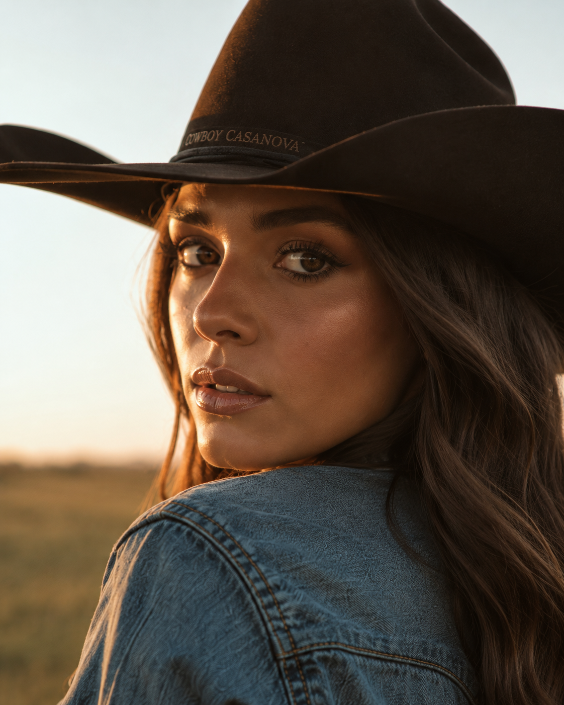 A stunning model wearing a denim jacket and a brown cowboy hat with Cowboy Casanova branding standing in a golden hour open field