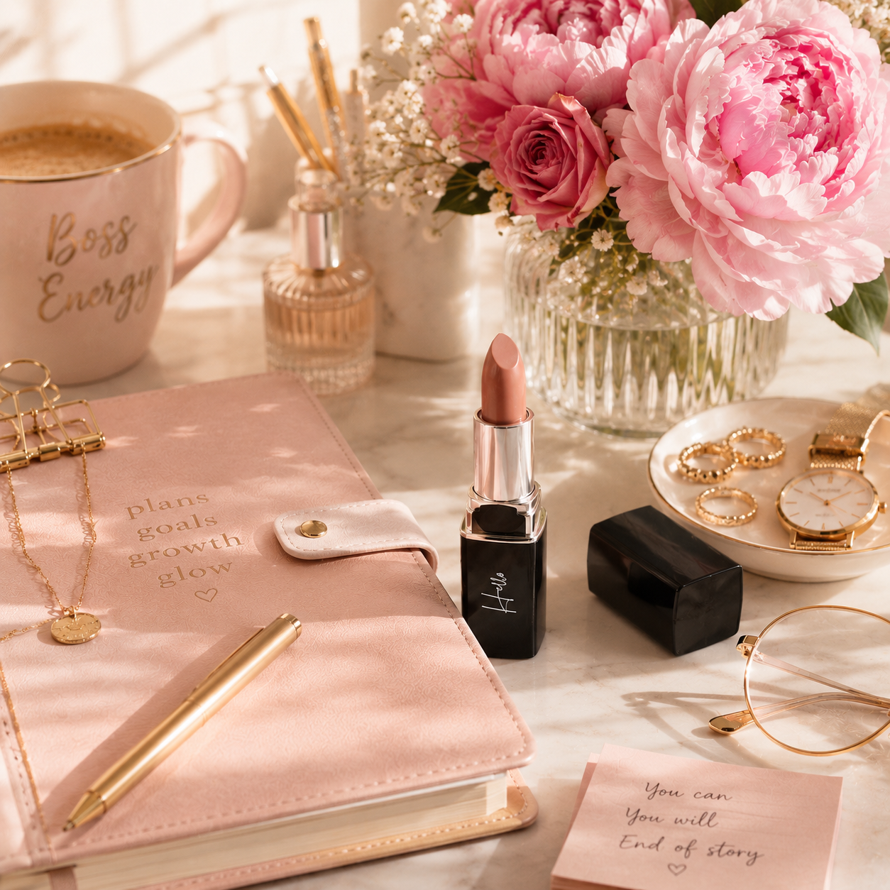 An open tube of Hello Biscuit Beauty 9 to 5 creme lipstick on a desk next to a pink Boss Energy coffee mug a leather planner pink peonies and gold accessories