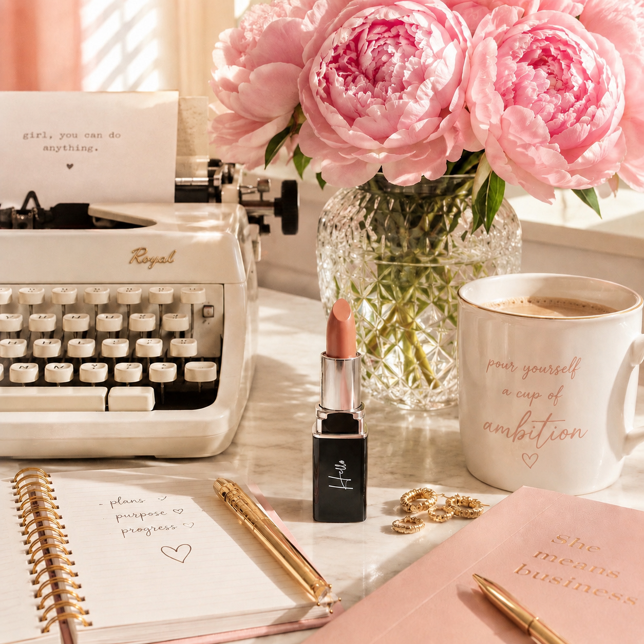 An open tube of Hello Biscuit Beauty 9 to 5 creme lipstick and its custom box on a vintage desk next to a retro typewriter a pink coffee mug and delicate wildflowers