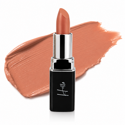An open tube of Hello Biscuit Beauty 9 to 5 creme lipstick rolled up to showcase the everyday light nude shade against a striking creamy lipstick texture swipe on a clean white background