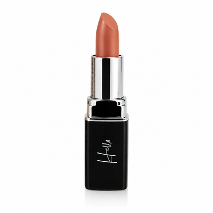 An open tube of Hello Biscuit Beauty 9 to 5 creme lipstick standing next to its custom box featuring a vintage western desert illustration of cowboys and a saguaro cactus on a white background