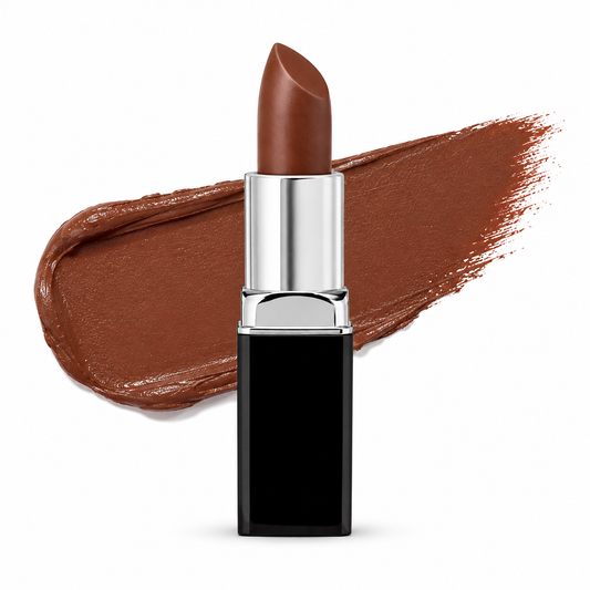 A tube of Hello Biscuit Beauty Backwoods matte lipstick standing in front of a smooth texture swipe of the muted mocha shade on a white background