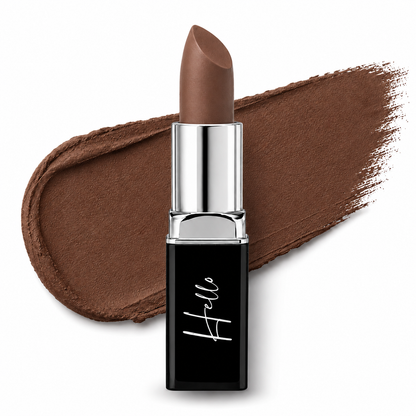 An open tube of Hello Biscuit Beauty Backwoods matte lipstick rolled up to reveal the deep earthy muted mocha brown shade against a matching textured lipstick swipe