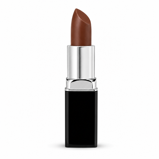 A sleek black lipstick tube with a silver accent showing the rich, muted mocha shade of Backwoods matte lipstick by Hello Biscuit Beauty.