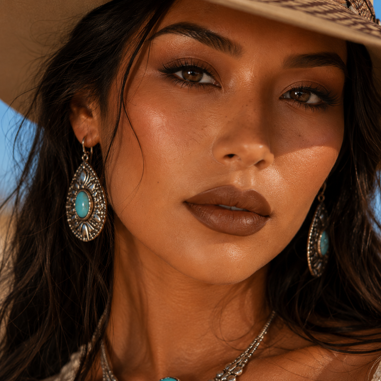 A close up photo of a woman in a western straw hat and turquoise earrings wearing Hello Biscuit Beauty Backwoods matte lipstick, a deep muted mocha brown shade.
