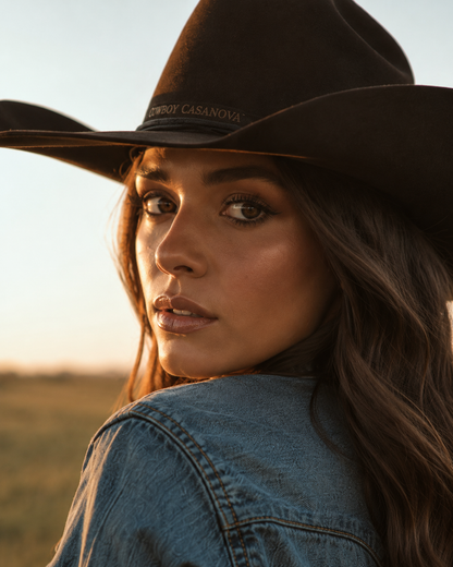 A stunning model wearing a denim jacket and a brown cowboy hat with Cowboy Casanova branding standing in a golden hour open field