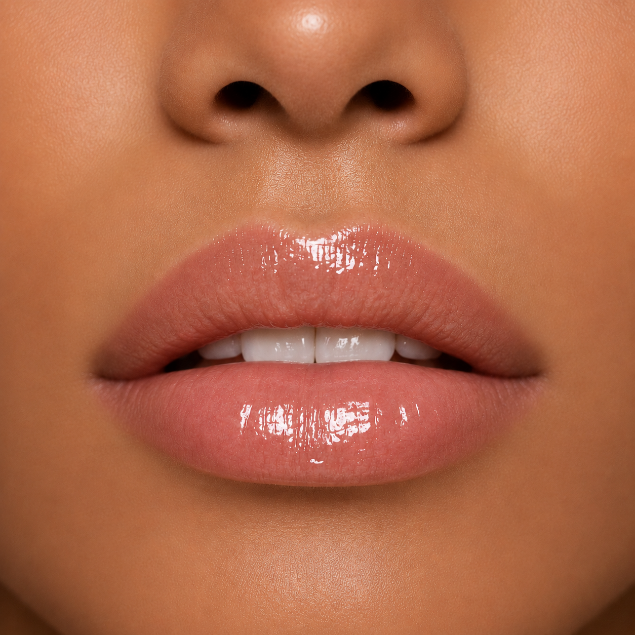 A detailed close up macro view of a model with natural pink lips wearing the ultra shiny Hello Biscuit Beauty Cowboy Casanova Clear Lip Gloss