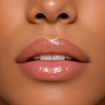 A detailed close up macro view of a model with natural pink lips wearing the ultra shiny Hello Biscuit Beauty Cowboy Casanova Clear Lip Gloss