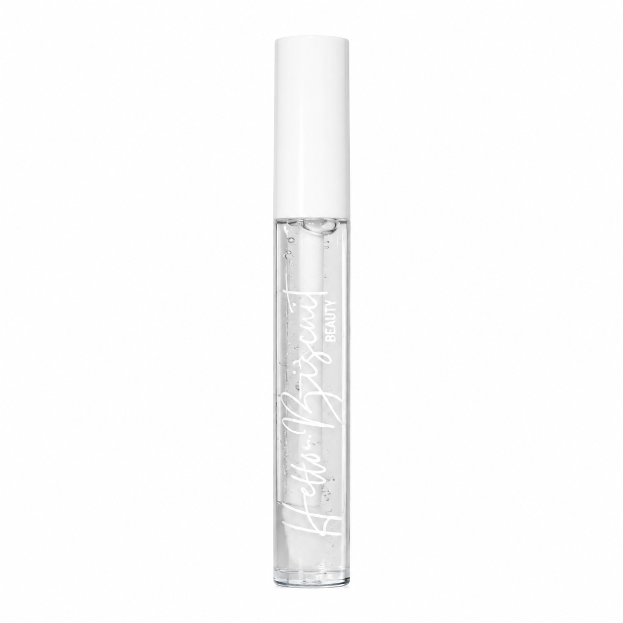 A standing clear tube of Hello Biscuit Beauty Cowboy Casanova Clear Lip Gloss showing the crystal clear formula and white script logo on a white background