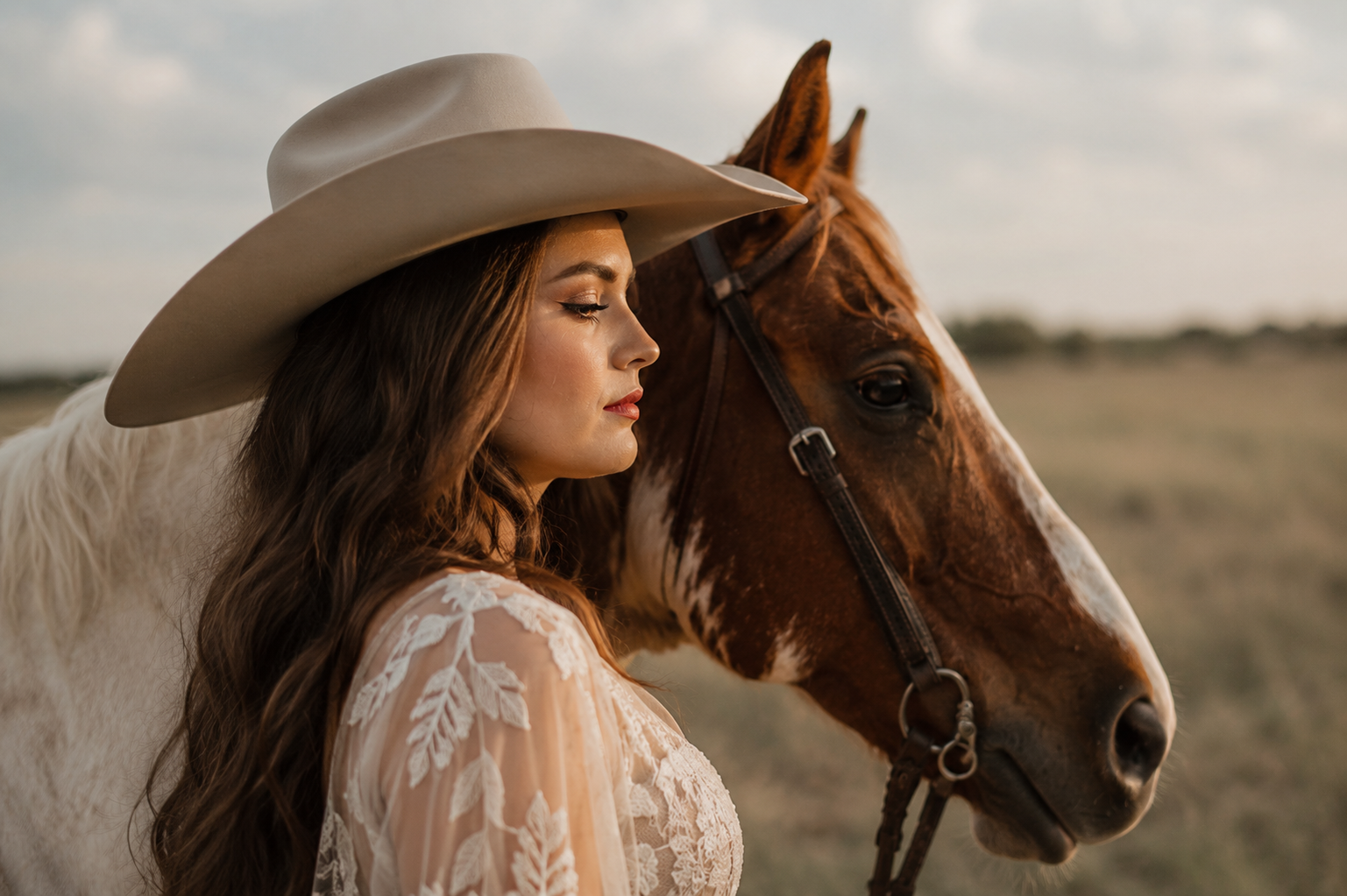 A woman in a cowboy hat standing next to a horse in an open field, representing the western heritage behind Hello Biscuit Beauty