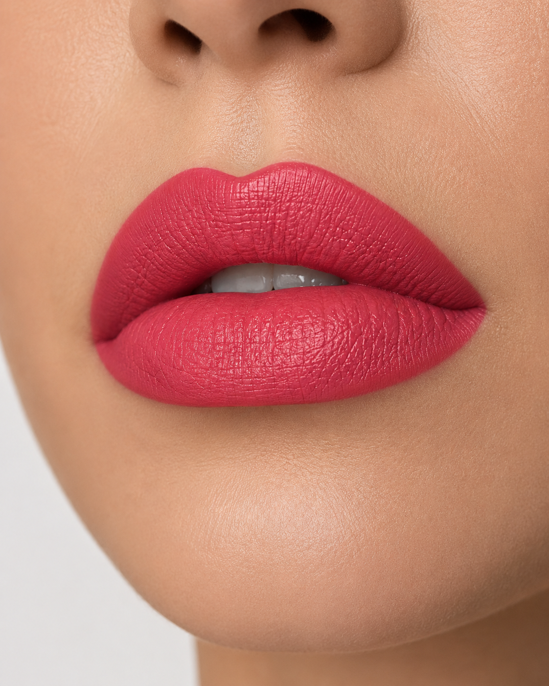A detailed close up view of full lips wearing Hello Biscuit Beauty Gone Country matte lipstick, a soft rosy pink shade with a smooth velvet matte finish