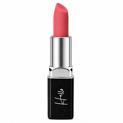 An open tube of Hello Biscuit Beauty Gone Country matte lipstick rolled up to showcase the soft rosy pink shade in its black casing with a white script logo on a clean white background