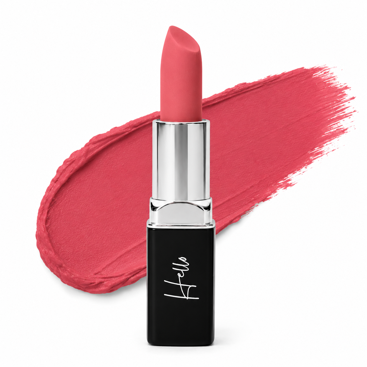 An open tube of Hello Biscuit Beauty Gone Country matte lipstick rolled up to reveal the soft rosy pink shade against a matching textured velvet lipstick swipe