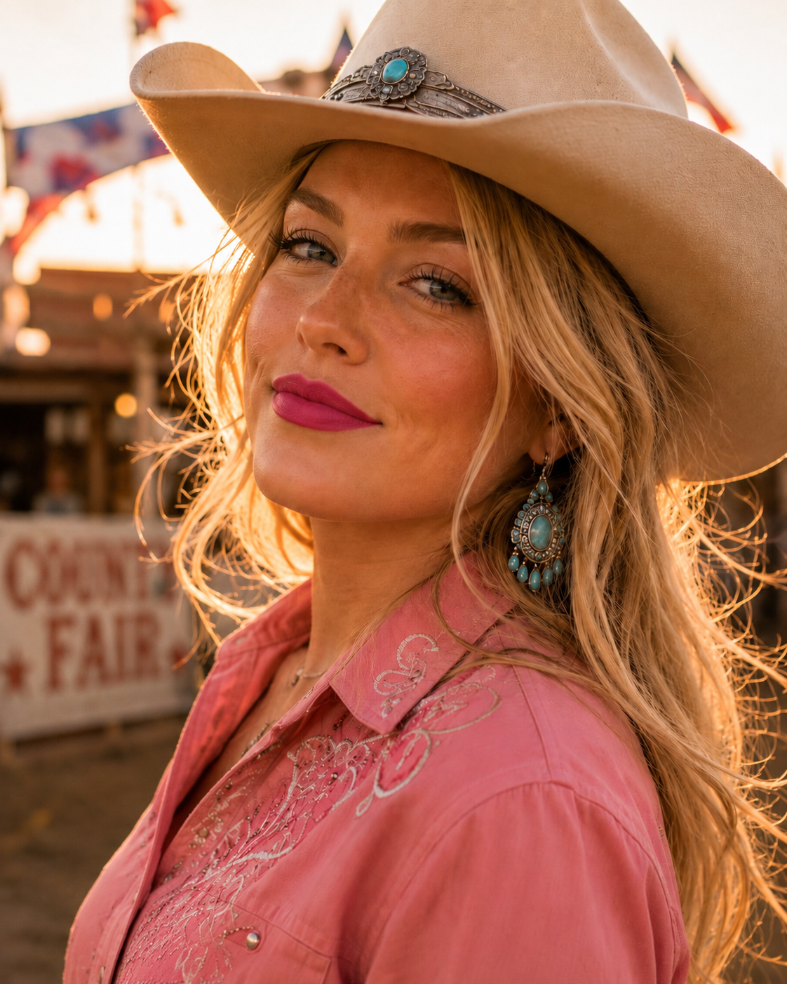 A close up portrait of a blonde woman wearing a cowboy hat, turquoise earrings, and a pink western shirt, showcasing the soft rosy pink shade of Gone Country matte lipstick with a County Fair sign in the background