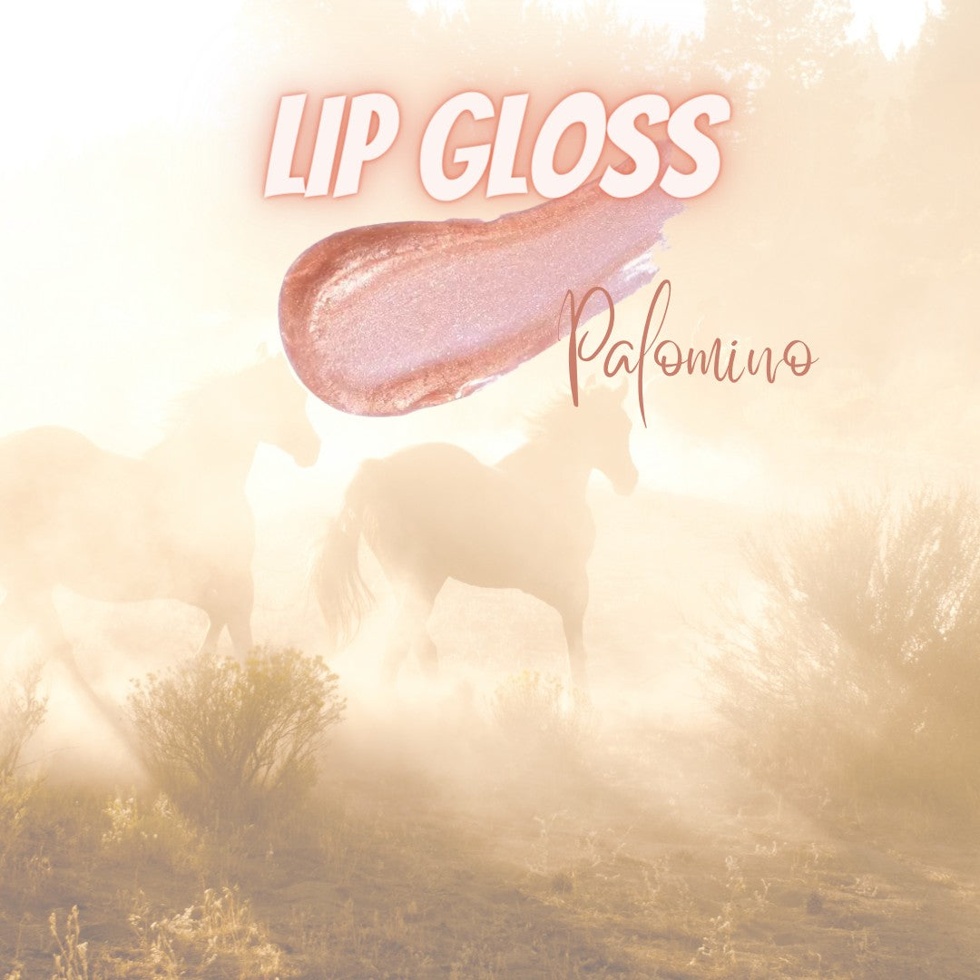 Hello Biscuit Beauty Palomino clear, sparkly pink lip gloss with a smooth, non-sticky finish.