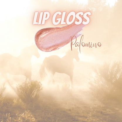 Hello Biscuit Beauty Palomino clear, sparkly pink lip gloss with a smooth, non-sticky finish.