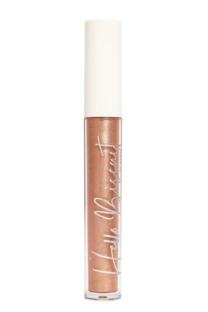 Hello Biscuit Beauty Palomino Lip Gloss in a clear tube with a white cap, featuring a shimmering rose gold shade.