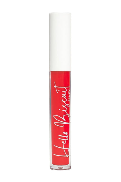 Hello Biscuit Beauty Two Dozen Roses lip gloss in vibrant true red with a high-shine finish.