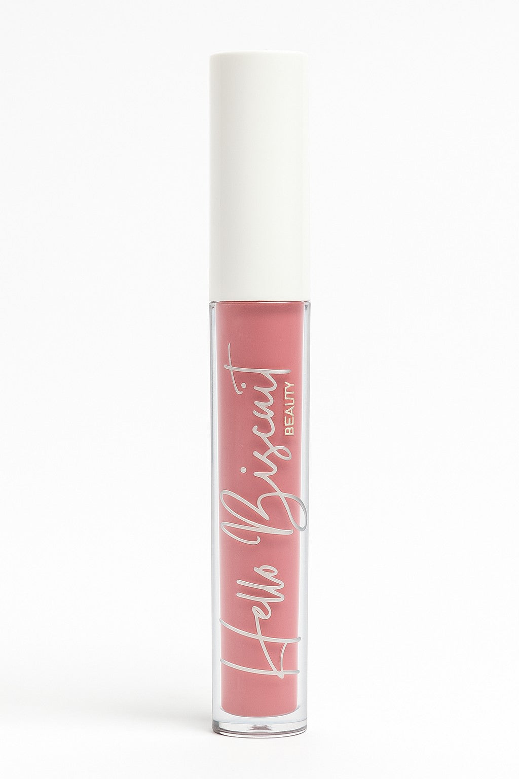 Hello Biscuit Beauty Strawberry Wine lip gloss in a clear tube with a white cap. Soft pink shade.