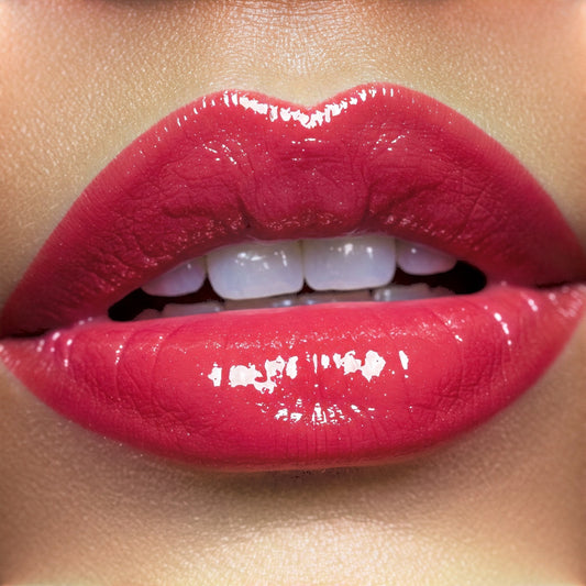 Hello Biscuit Beauty Two Dozen Roses lip gloss in vibrant true red with a high-shine finish.