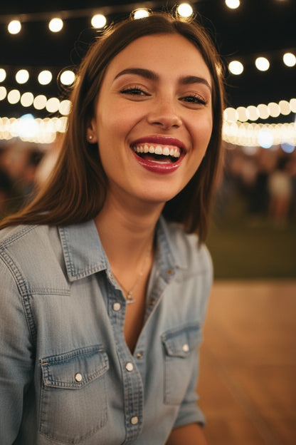 Hello Biscuit Beauty Watermelon Crawl dark pink lip gloss on a smiling woman with a dewy finish.