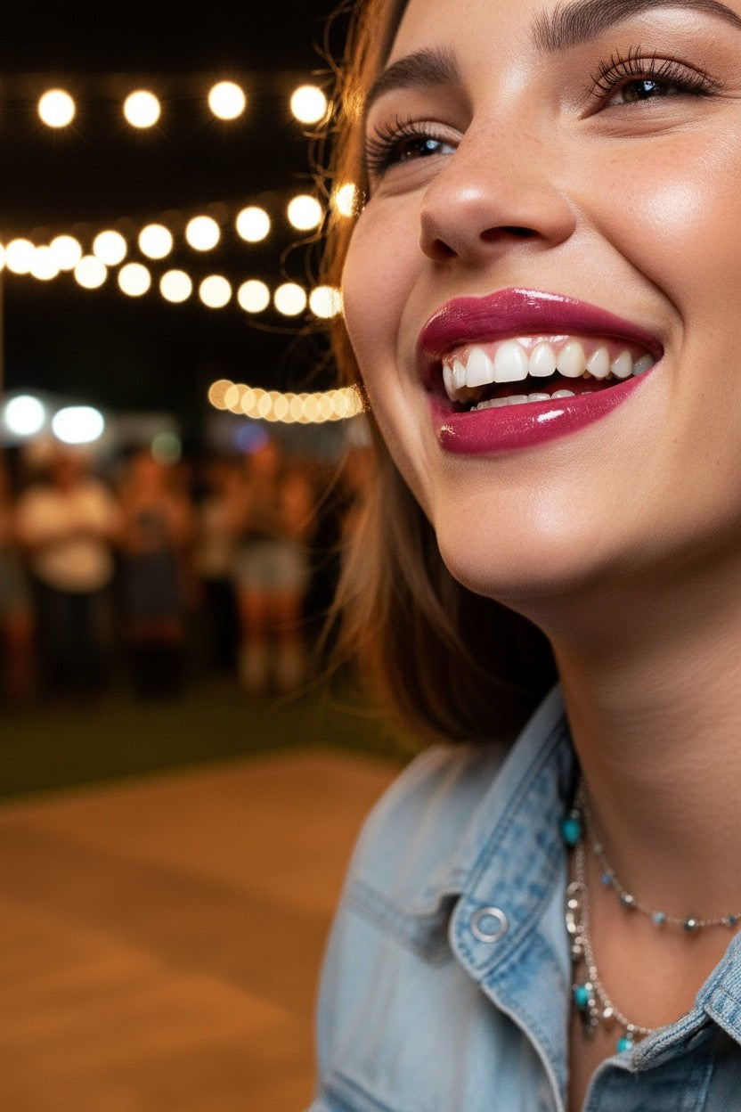 Hello Biscuit Beauty Watermelon Crawl dark pink lip gloss on a smiling woman with a high-shine, non-sticky finish.