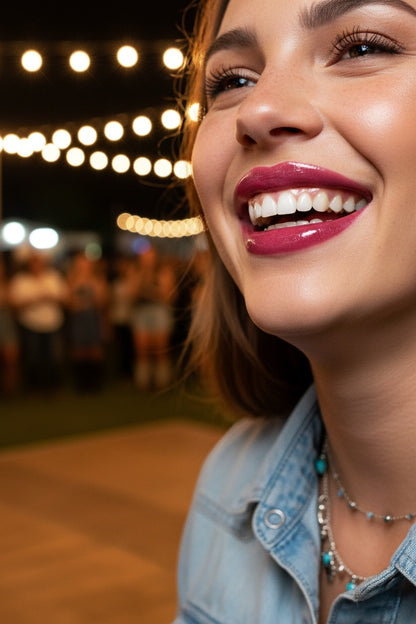 Hello Biscuit Beauty Watermelon Crawl dark pink lip gloss on a smiling woman with a high-shine, non-sticky finish.