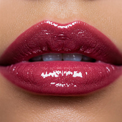 Hello Biscuit Beauty Watermelon Crawl dark pink lip gloss with a high-shine, non-sticky finish.