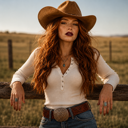 A woman wearing a brown cowboy hat, western belt, and white shirt leaning on a wooden fence while wearing Hello Biscuit Beauty Jolene sparkling burgundy red matte lipstick