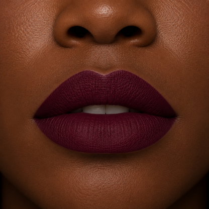 A detailed close up view of full lips on a deep skin tone wearing Hello Biscuit Beauty Jolene matte lipstick, a deep sparkling burgundy red wine shade with a smooth velvet matte finish