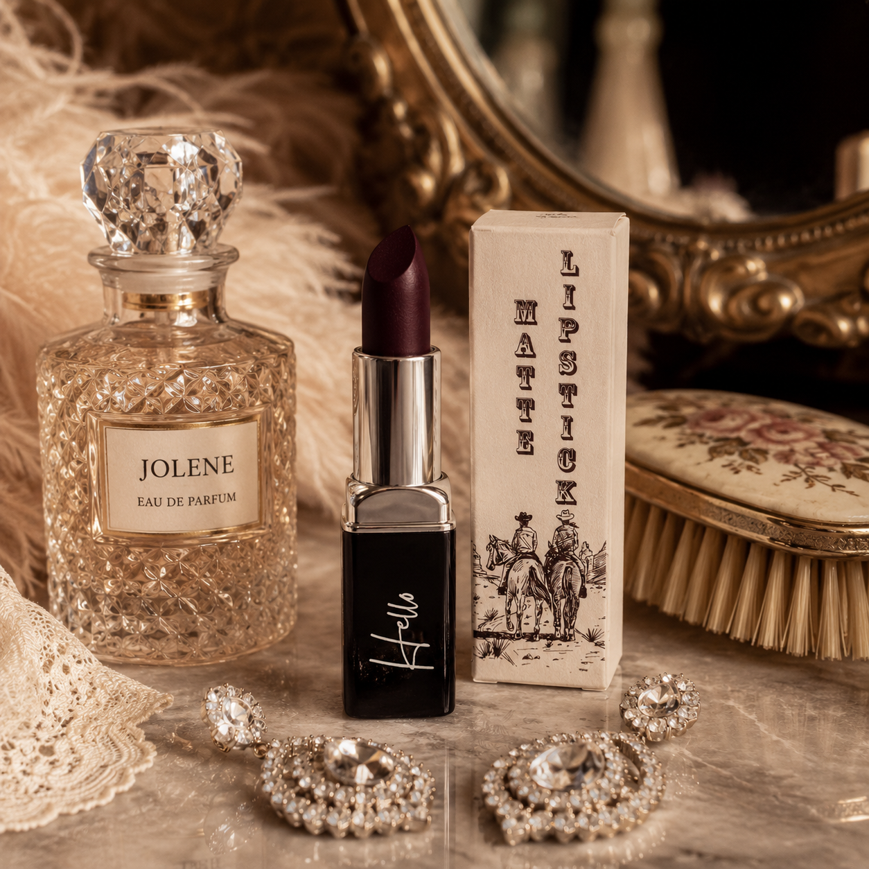 An open tube of Hello Biscuit Beauty Jolene matte lipstick standing next to its custom western box, a crystal Jolene perfume bottle, vintage lace, and sparkling jewelry on a rustic surface