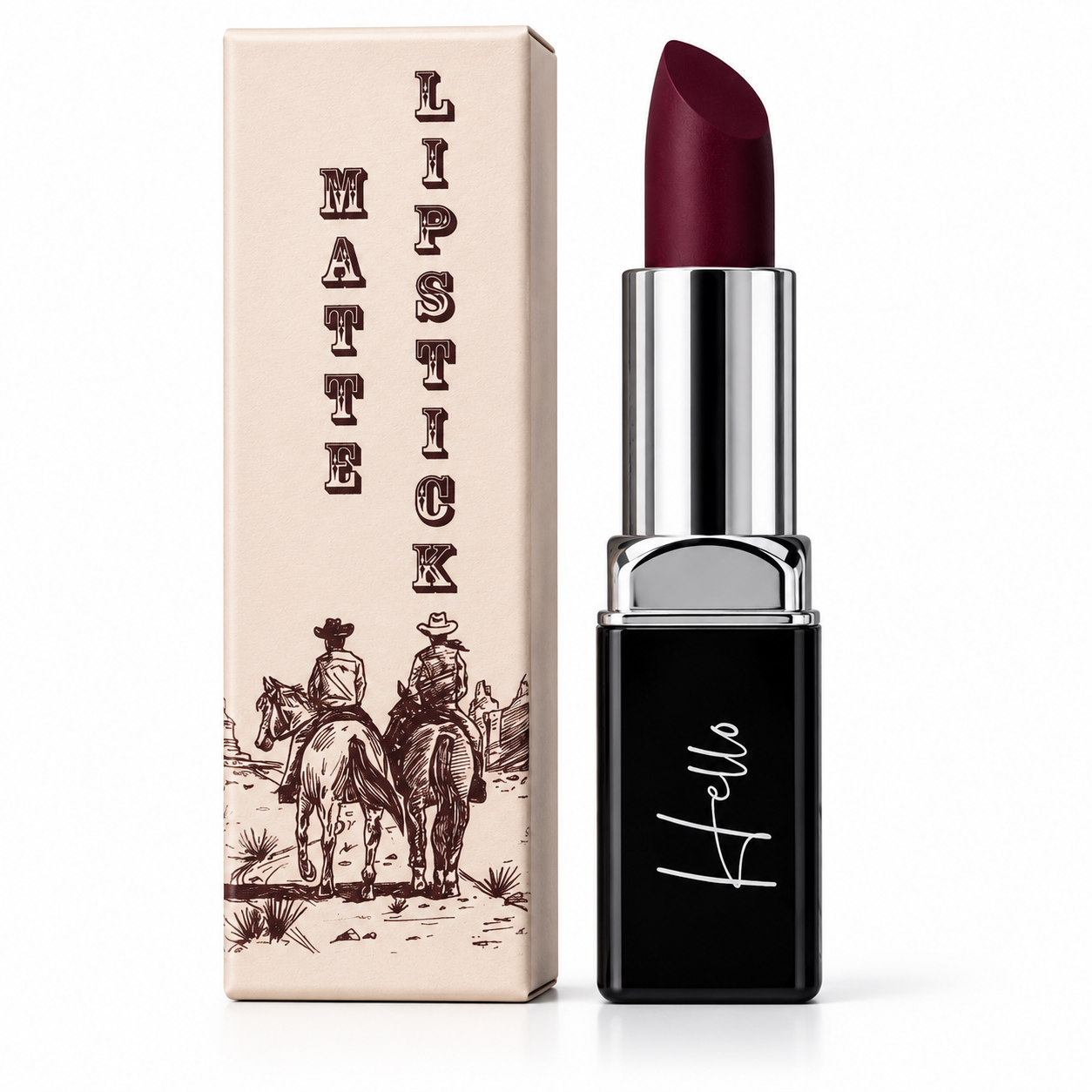 An open tube of Hello Biscuit Beauty Jolene matte lipstick standing next to its custom white product box featuring a western illustration of cowboys riding horses on a white background
