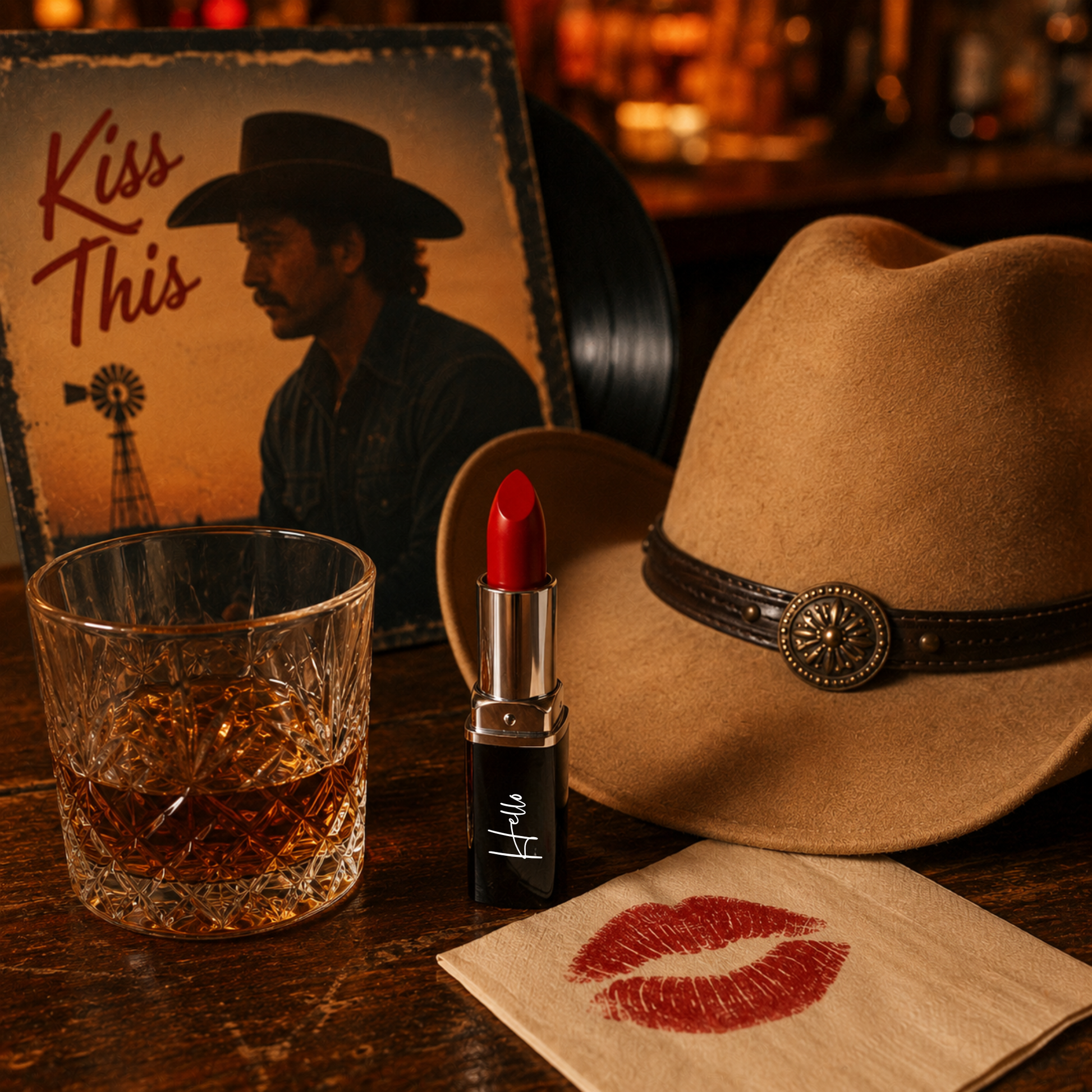 An open tube of Hello Biscuit Beauty Kiss This creme lipstick on a rustic wooden bar next to a brown cowboy hat a glass of whiskey a vinyl record and a paper napkin with a red lip print