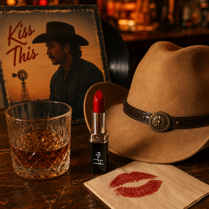 An open tube of Hello Biscuit Beauty Kiss This creme lipstick on a rustic wooden bar next to a brown cowboy hat a glass of whiskey a vinyl record and a paper napkin with a red lip print