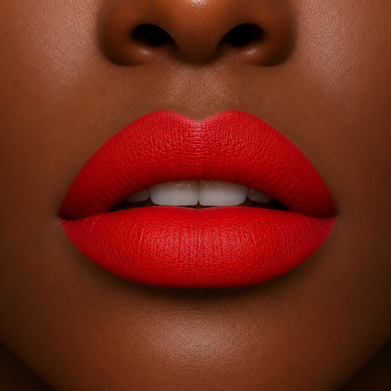 A detailed close up view of full lips on a rich deep skin tone wearing Hello Biscuit Beauty Kiss This creme lipstick, a bold and vibrant bright red shade with a velvety smooth finish