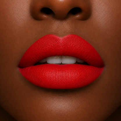 A detailed close up view of full lips on a rich deep skin tone wearing Hello Biscuit Beauty Kiss This creme lipstick, a bold and vibrant bright red shade with a velvety smooth finish