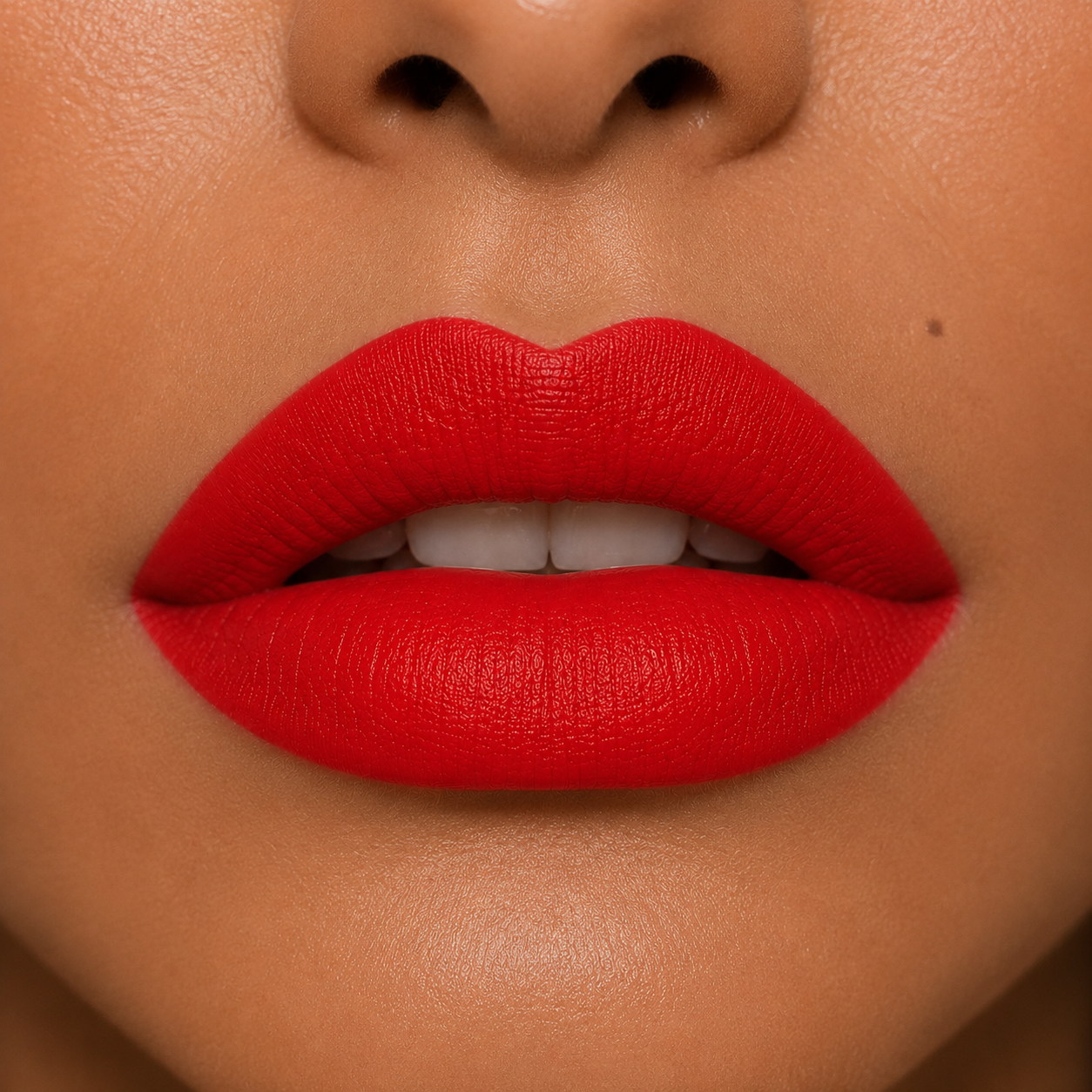 A detailed close up view of full lips on a warm golden skin tone wearing Hello Biscuit Beauty Kiss This creme lipstick, a bold and vibrant bright red shade with a smooth finish