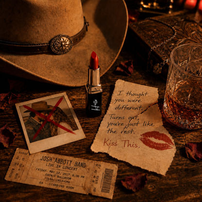 An open tube of Hello Biscuit Beauty Kiss This creme lipstick next to a brown cowboy hat a glass of whiskey a Josh Abbott Band concert ticket and a handwritten note with a red lip print
