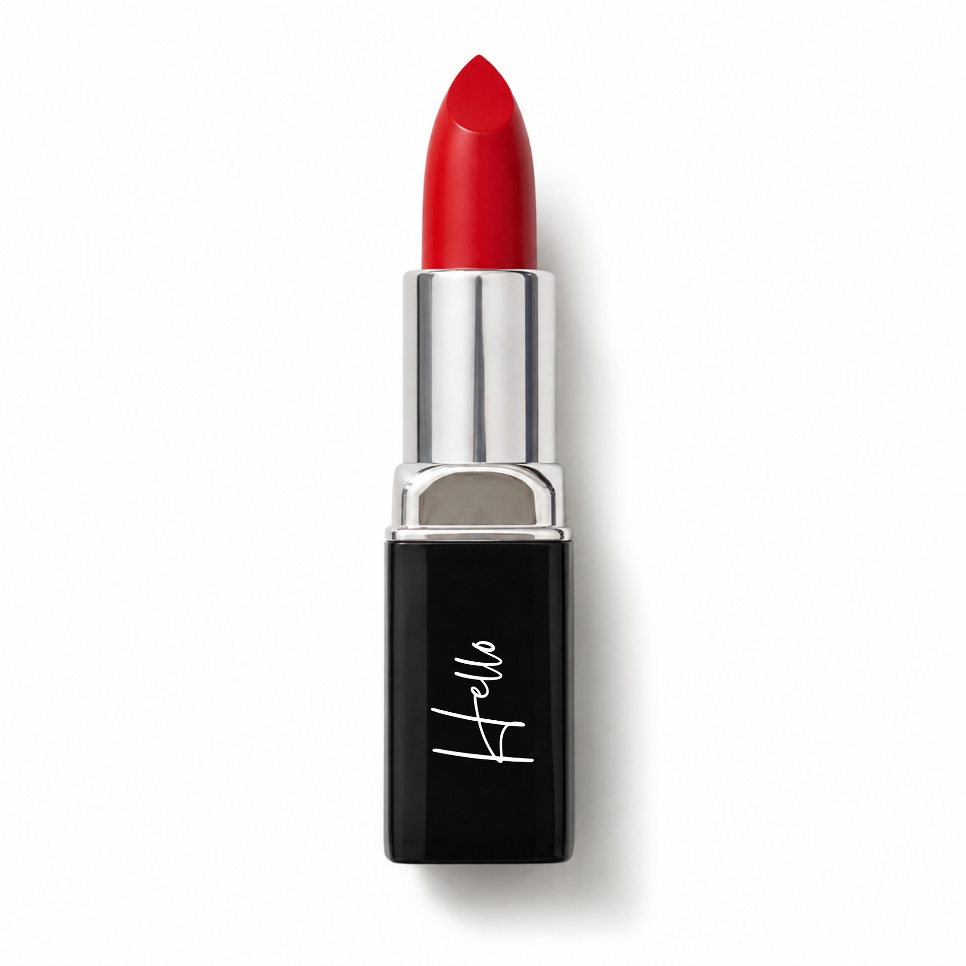 An open tube of Hello Biscuit Beauty Kiss This creme lipstick rolled up to showcase the bright red shade in its black casing with a white script logo on a clean white background