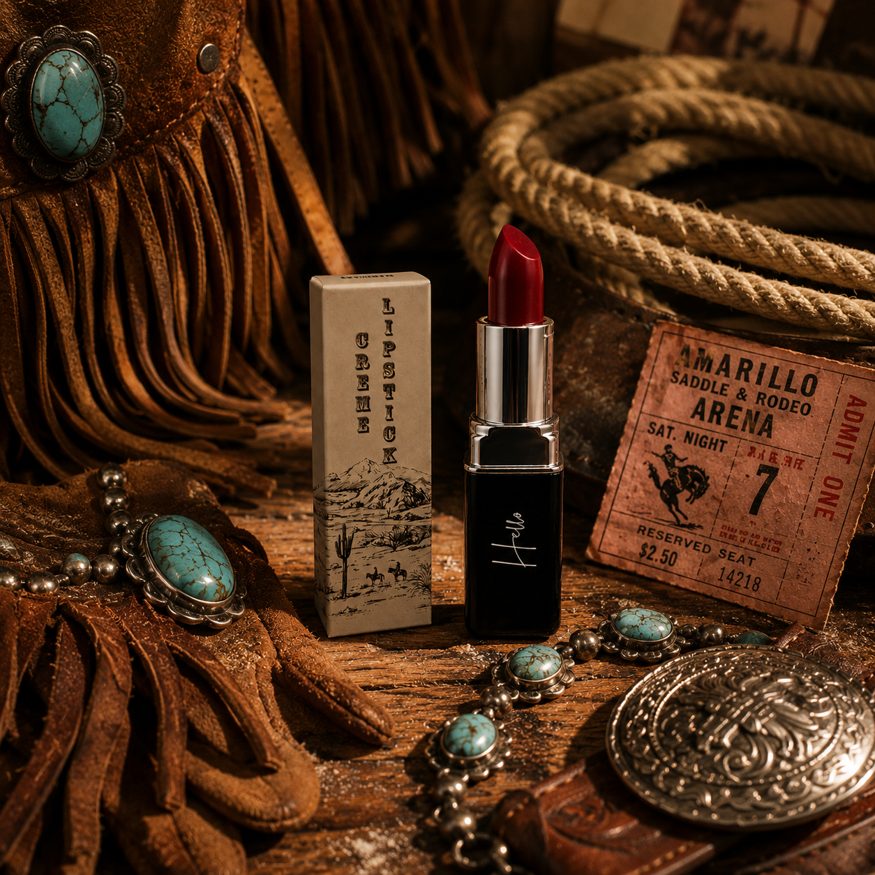An open tube of Hello Biscuit Beauty Mamma Tried creme lipstick and its custom box on a rustic wood background next to a vintage Amarillo Rodeo ticket leather fringe and turquoise jewelry