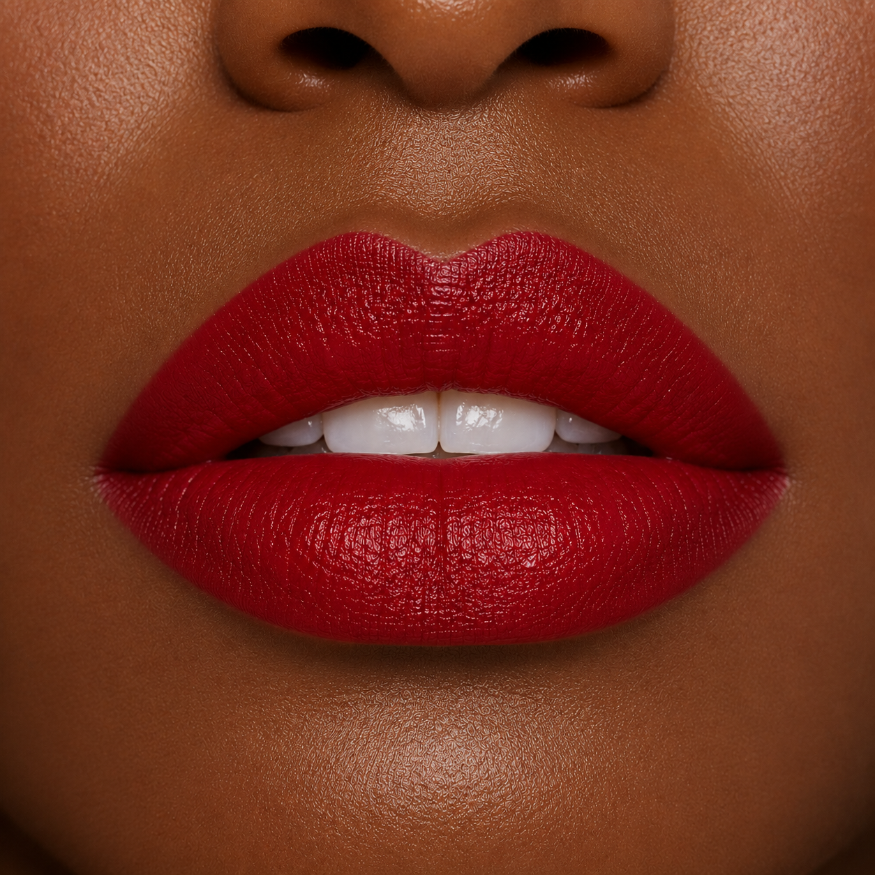 A detailed close up view of full lips on a deep skin tone wearing Hello Biscuit Beauty Mamma Tried creme lipstick, a bold outlaw true red shade with a rich smooth finish