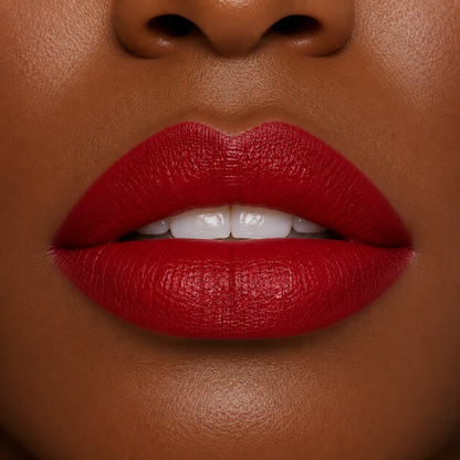 A detailed close up view of full lips on a deep skin tone wearing Hello Biscuit Beauty Mamma Tried creme lipstick, a bold outlaw true red shade with a rich smooth finish