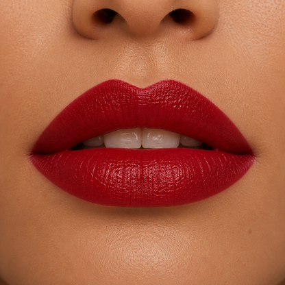 A detailed close up macro view of full lips wearing Hello Biscuit Beauty Mamma Tried creme lipstick, a bold outlaw true red shade with a rich smooth finish