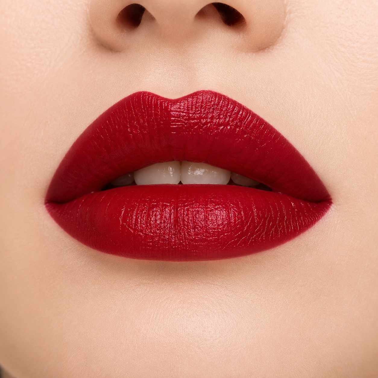 A detailed close up view of full lips wearing Hello Biscuit Beauty Mamma Tried creme lipstick, a bold outlaw true red shade with a smooth creamy finish