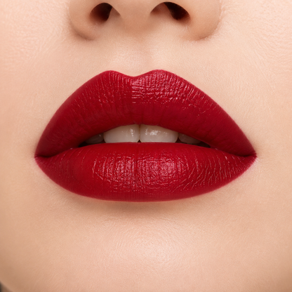 A detailed close up view of full lips wearing Hello Biscuit Beauty Mamma Tried creme lipstick, a bold outlaw true red shade with a smooth creamy finish