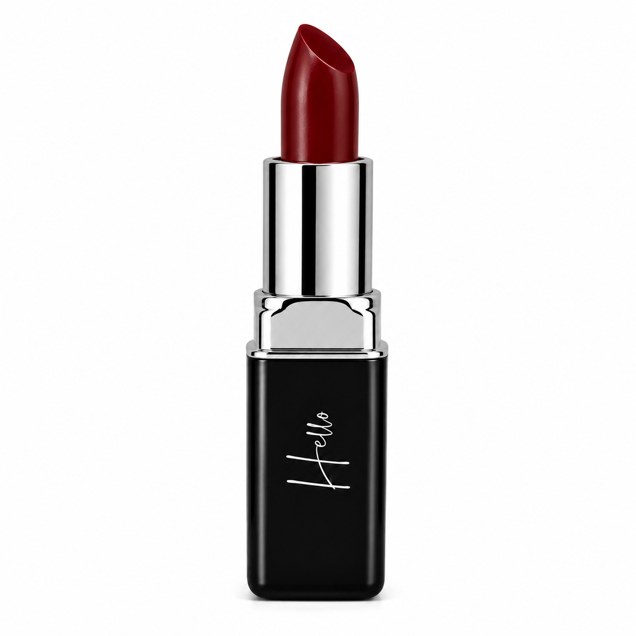 An open tube of Hello Biscuit Beauty Mamma Tried creme lipstick rolled up to showcase the bold outlaw red shade in its black casing with a white script logo on a clean white background