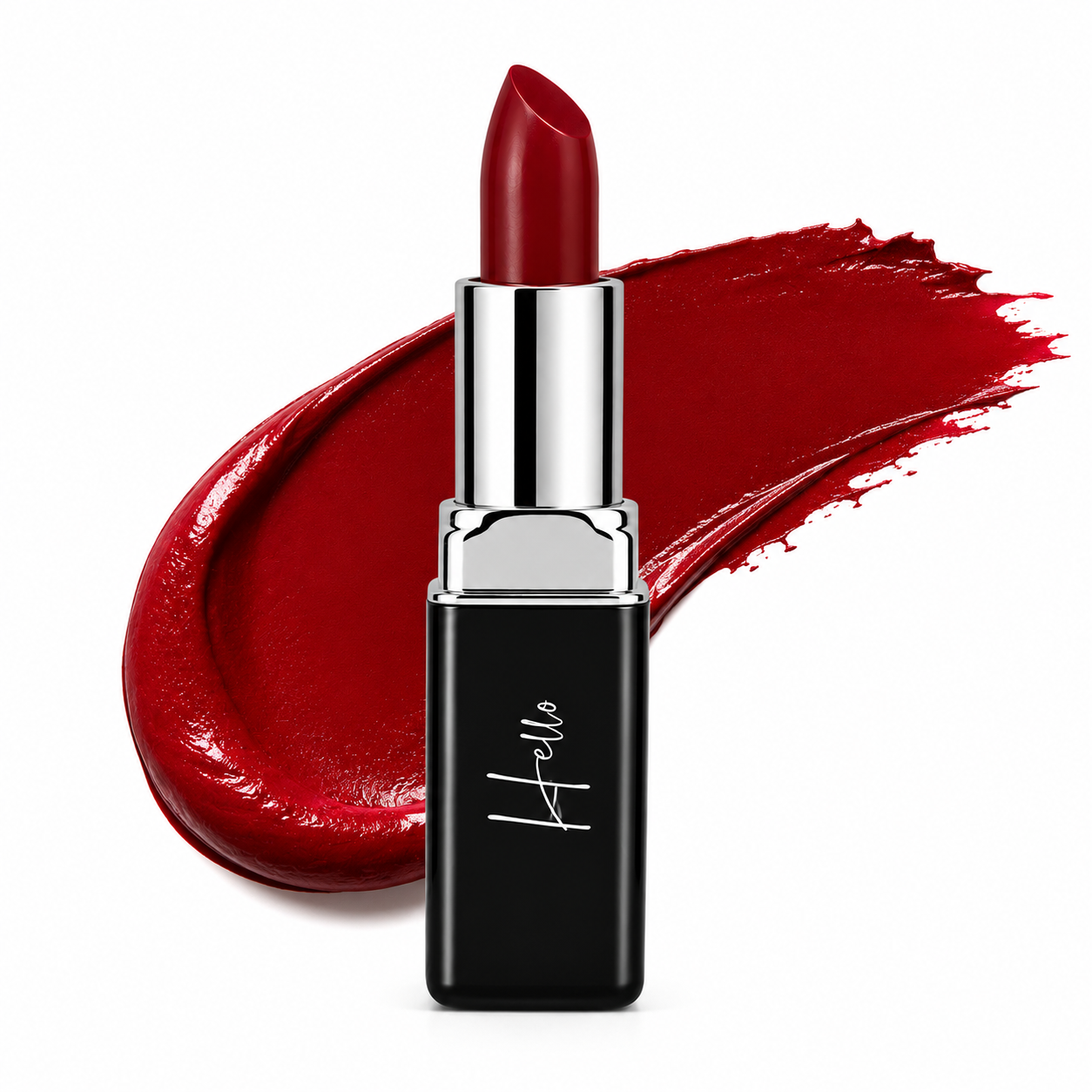 An open tube of Hello Biscuit Beauty Mamma Tried creme lipstick rolled up to showcase the bold true red shade against a striking glossy red lipstick swipe on a clean white background