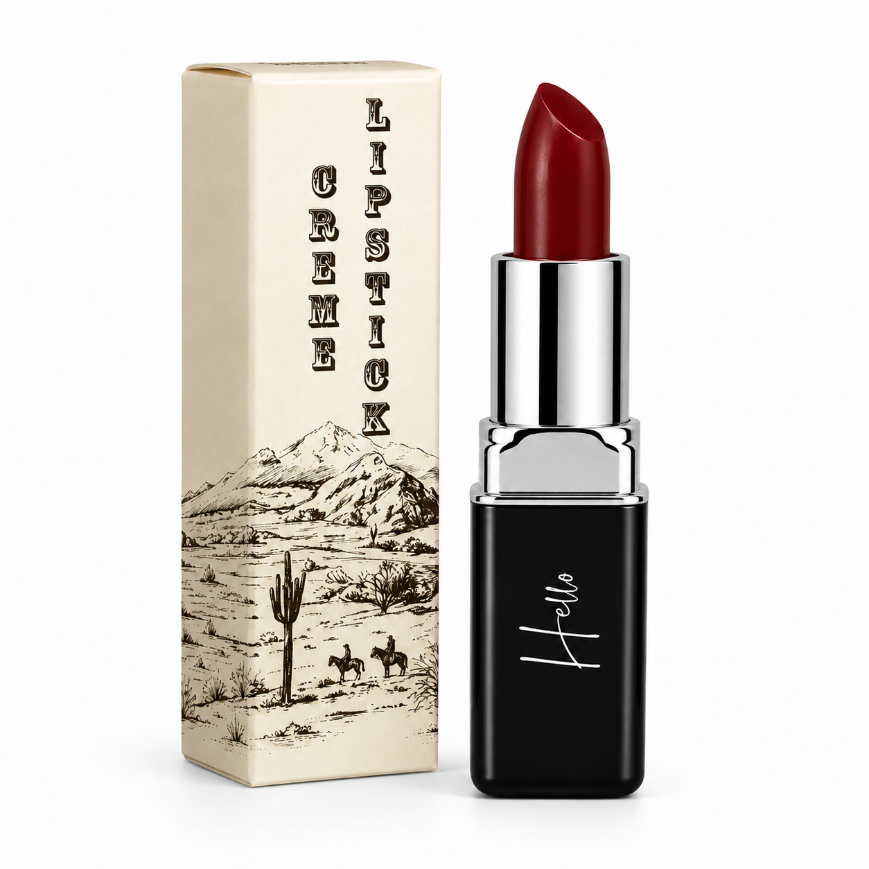 An open tube of Hello Biscuit Beauty Mamma Tried creme lipstick standing next to its custom box featuring a vintage western desert illustration of cowboys and a saguaro cactus on a white background