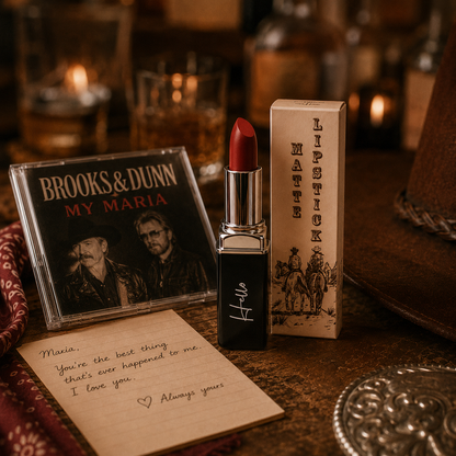 An open tube of Hello Biscuit Beauty My Maria matte lipstick standing next to its custom product box, a Brooks and Dunn My Maria CD case, and a handwritten love letter on a rustic wooden surface