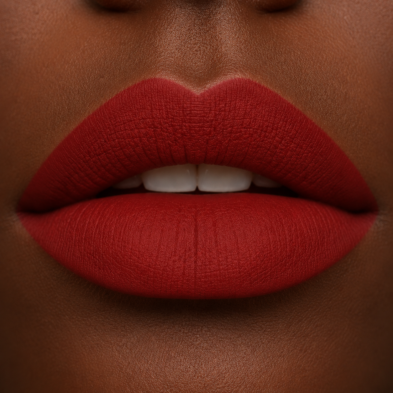 A detailed close up view of full lips on a deep skin tone wearing Hello Biscuit Beauty My Maria matte lipstick, a deep burnt red shade with a smooth velvet matte finish
